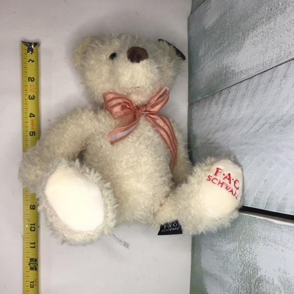 FAO Schwarz Fuzzy Plush Cream Teddy Bear 12”Stuffed Animal Peach Ribbon NWT - Picture 4 of 6